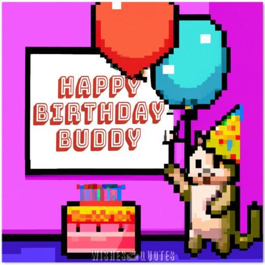 Pixel art of a cute cat with a birthday hat and a big happy birthday sign